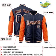 Navy Orange-White Raglan Sleeves Full-Zip Varsity Letterman Bomber Jacket 2