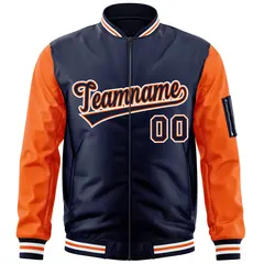 Navy Orange-White Raglan Sleeves Full-Zip Varsity Letterman Bomber Jacket 3
