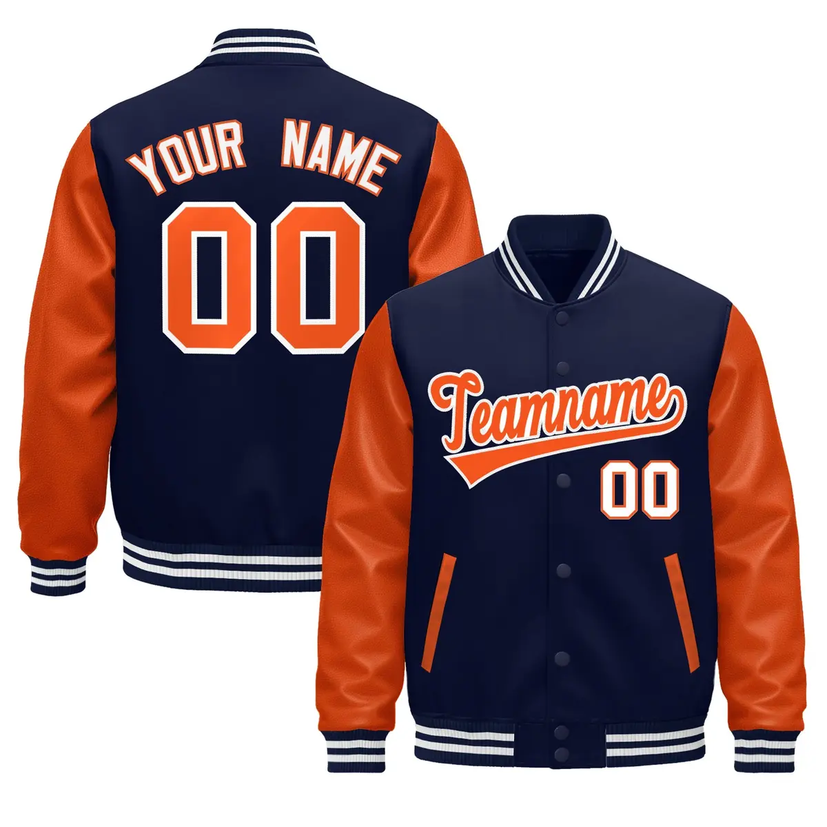 Navy Orange White Raglan Varsity Full-Snap Letterman Jacket