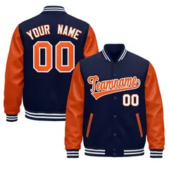 Navy Orange White Raglan Varsity Full-Snap Letterman Jacket