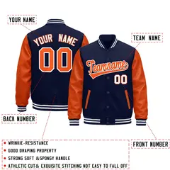 Navy Orange White Raglan Varsity Full-Snap Letterman Jacket 2