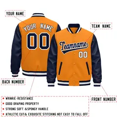 Navy Orange White Raglan Varsity Full-Snap Letterman Jacket 2