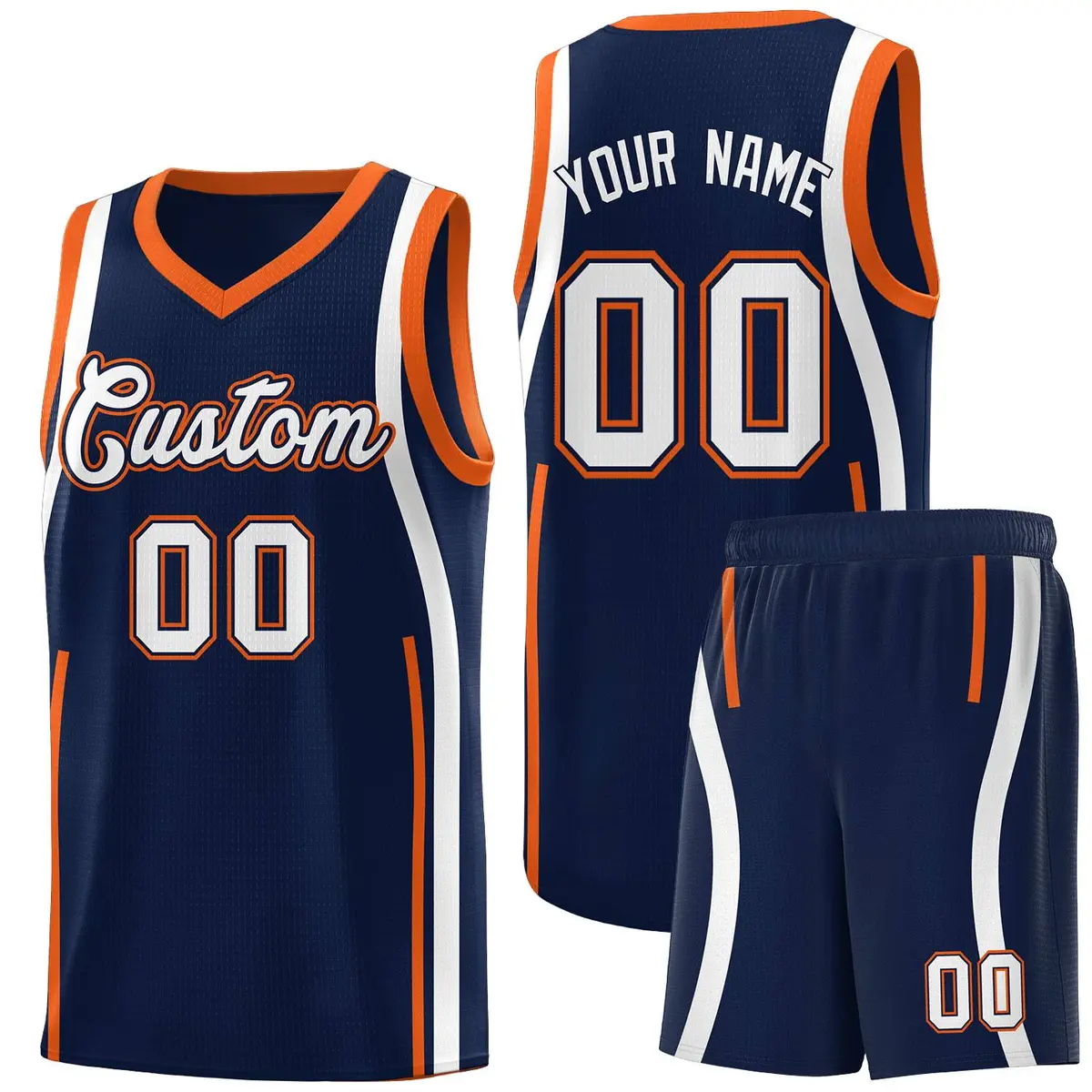 Navy Orange-White Ribbon Pattern Basketball Kits