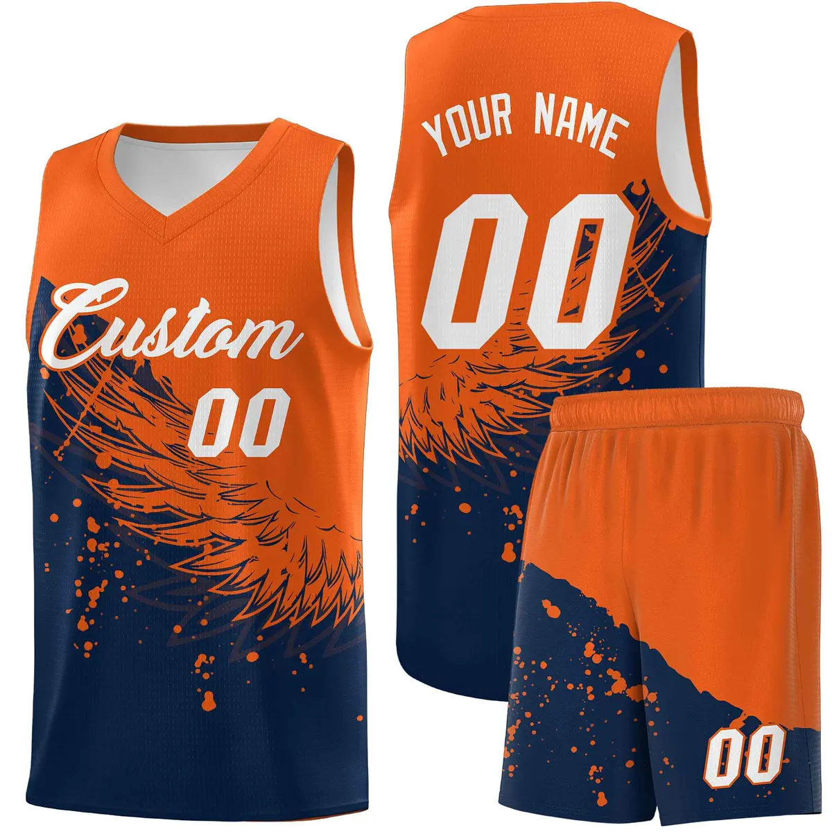 Navy Orange Wing Pattern Basketball Jersey Sports Uniform