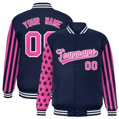 Navy Pink American Flag Varsity Raglan Letterman Bomber Jacket
