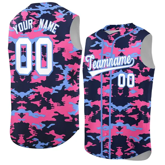 Navy Pink and Powder Blue Camo Sleeveless Baseball Jersey