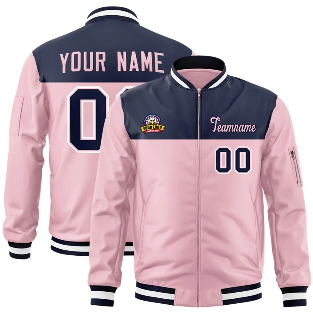 Navy Pink Color Block Full-Zip Letterman Bomber Jacket