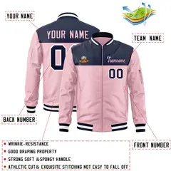 Navy Pink Color Block Full-Zip Letterman Bomber Jacket 2