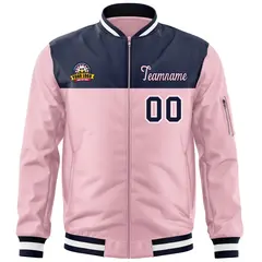 Navy Pink Color Block Full-Zip Letterman Bomber Jacket 3