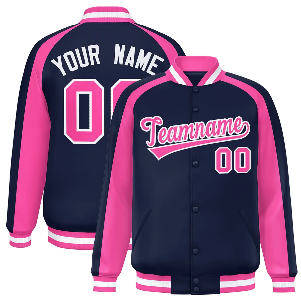 Navy Pink Color Block Raglan Varsity Letterman Jacket