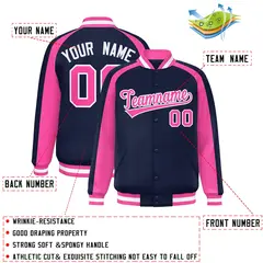 Navy Pink Color Block Raglan Varsity Letterman Jacket 2