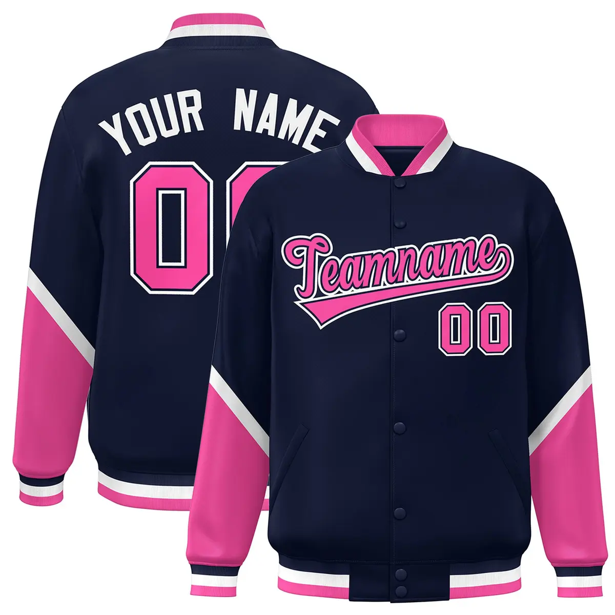 Navy Pink Color Block Varsity Letterman Baseball Jacket