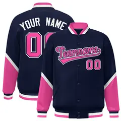 Navy Pink Color Block Varsity Letterman Baseball Jacket 1