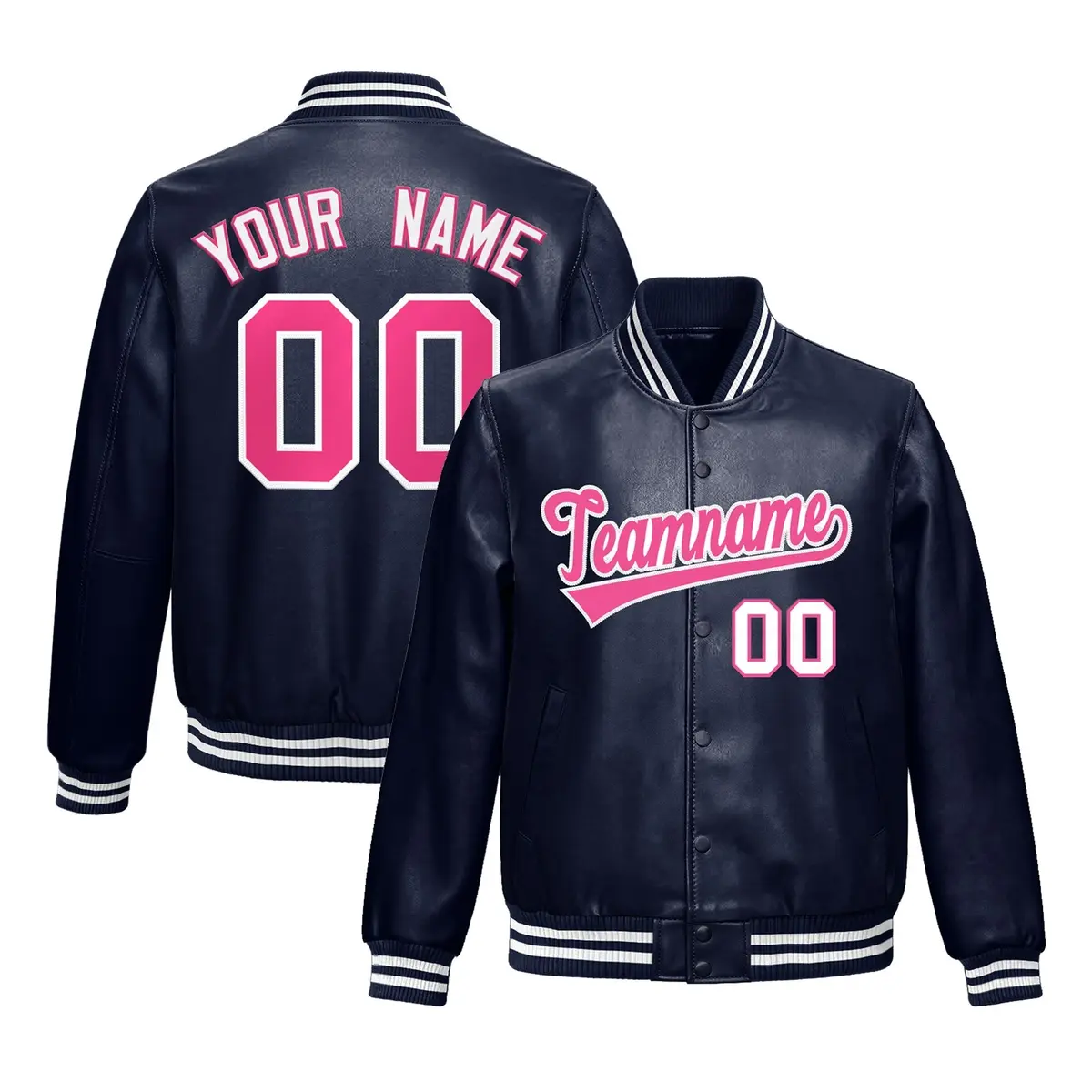 Navy Pink Faux Leather Letterman Jacket Full-Snap Varsity