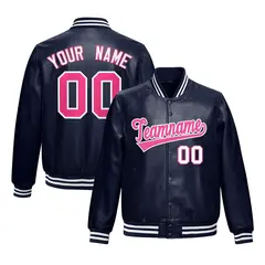 Navy Pink Faux Leather Letterman Jacket Full-Snap Varsity 1