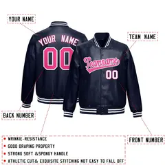 Navy Pink Faux Leather Letterman Jacket Full-Snap Varsity 2