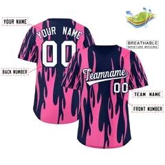 Navy Pink Flame Pattern Pullover Baseball Jersey 2