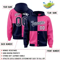 Navy Pink Four Squares Color Block Varsity Letterman Jacket Hoodie 4