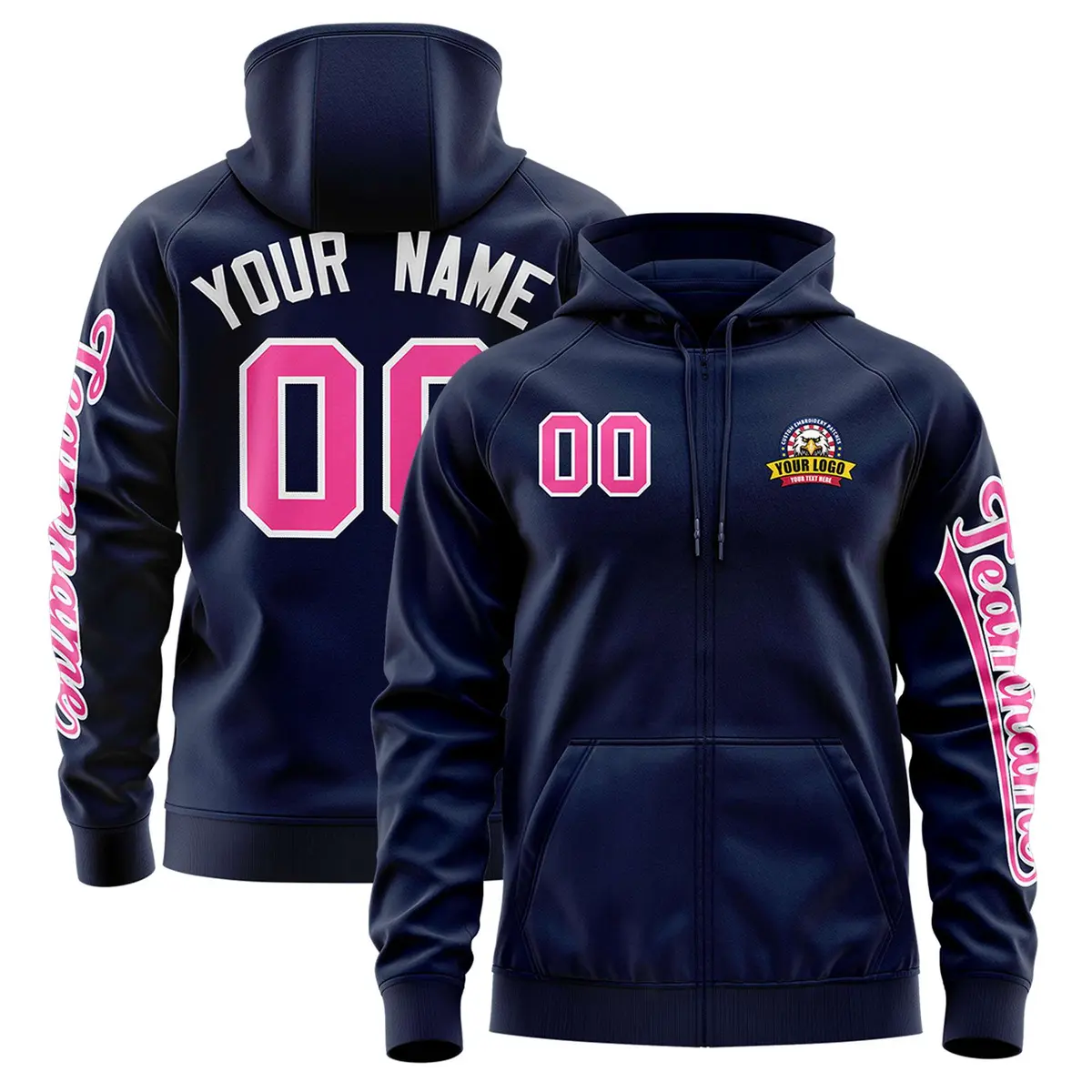 Navy Pink Full-Zip Varsity Letterman Classic Jacket Hoodie