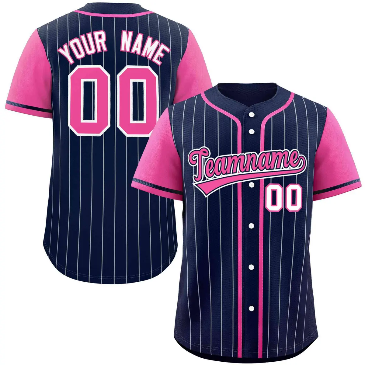 Navy Pink-Gray Stripe Raglan Baseball Jersey
