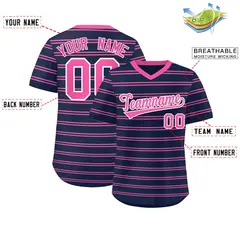 Navy Pink Horizontal Stripe Pullover Baseball Jersey 2