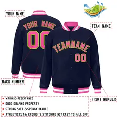 Navy Pink-Neon Green Varsity Full-Snap Letterman Jacket 2