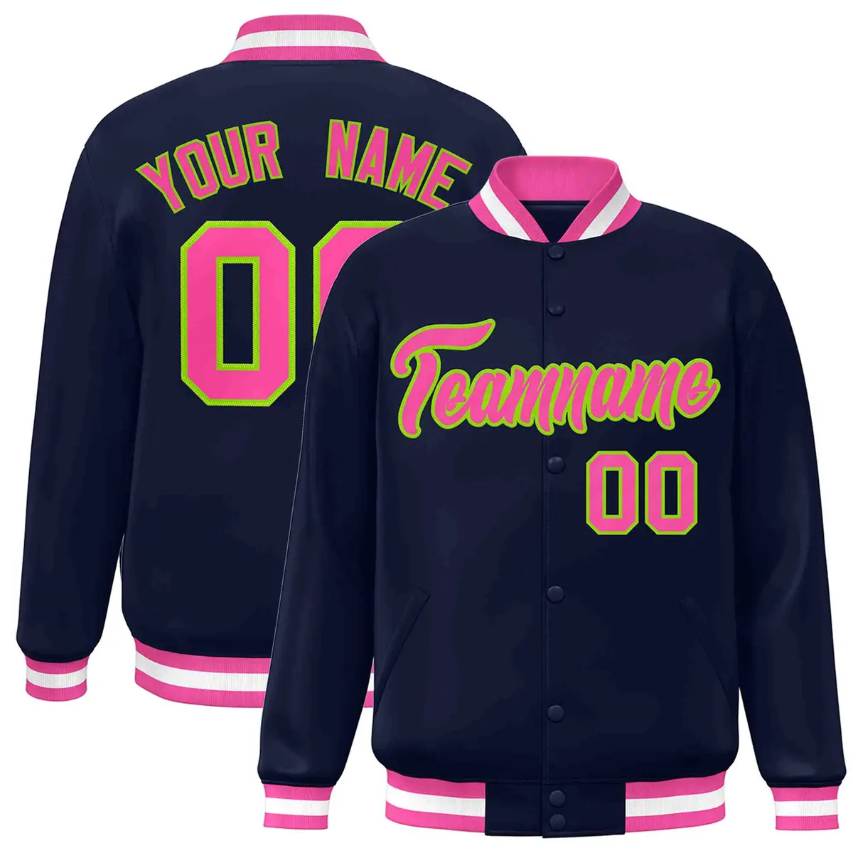 Navy Pink-Neon Green Varsity Full-Snap Letterman Jacket