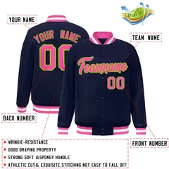 Navy Pink-Neon Green Varsity Full-Snap Letterman Jacket 2