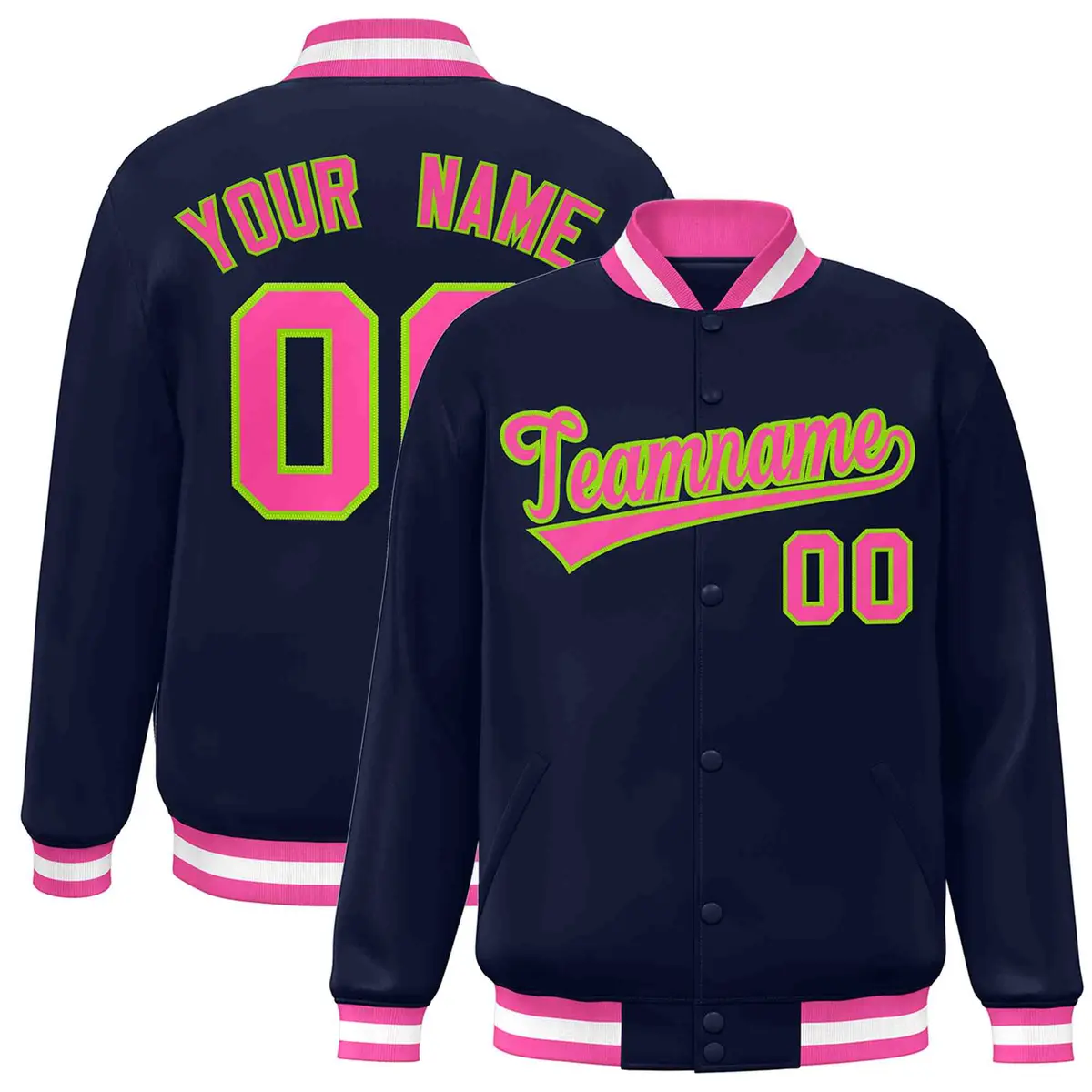 Navy Pink-Neon Green Varsity Full-Snap Letterman Jacket