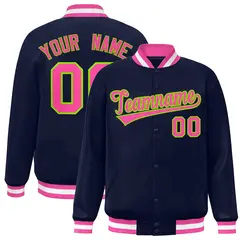Navy Pink-Neon Green Varsity Full-Snap Letterman Jacket 1