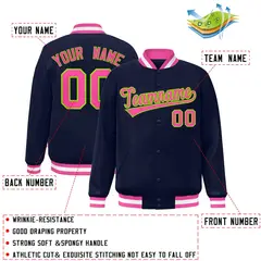 Navy Pink-Neon Green Varsity Full-Snap Letterman Jacket 2