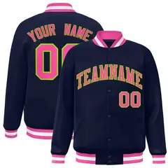 Navy Pink-Neon Green Varsity Full-Snap Letterman Jacket 1