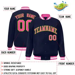 Navy Pink-Neon Green Varsity Full-Snap Letterman Jacket 2