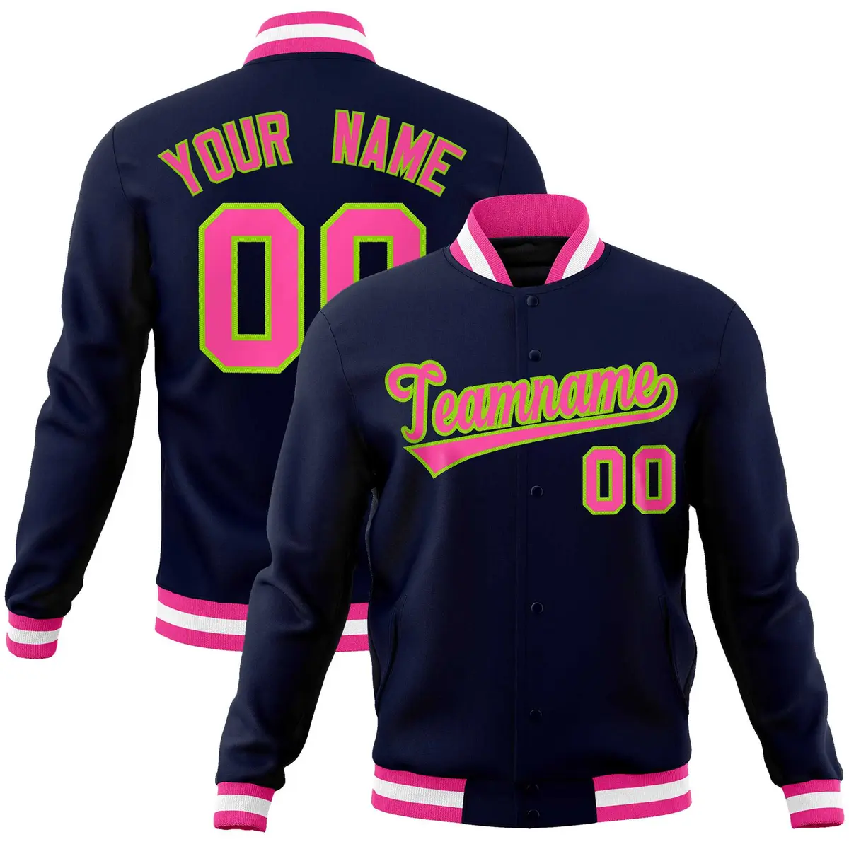 Navy Pink-Neon Green Varsity Full-Snap Letterman Jacket