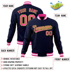 Navy Pink-Neon Green Varsity Full-Snap Letterman Jacket 4