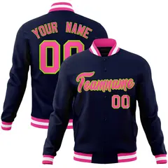 Navy Pink-Neon Green Varsity Full-Snap Letterman Jacket 1