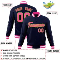 Navy Pink-Neon Green Varsity Full-Snap Letterman Jacket 4