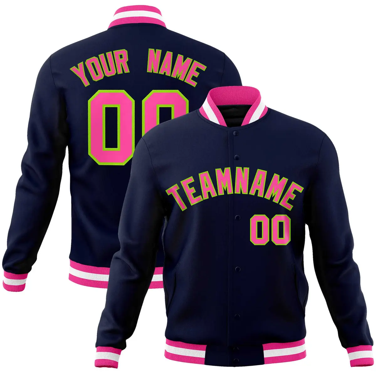 Navy Pink-Neon Green Varsity Full-Snap Letterman Jacket