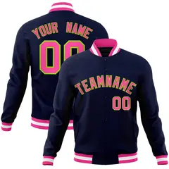 Navy Pink-Neon Green Varsity Full-Snap Letterman Jacket 1