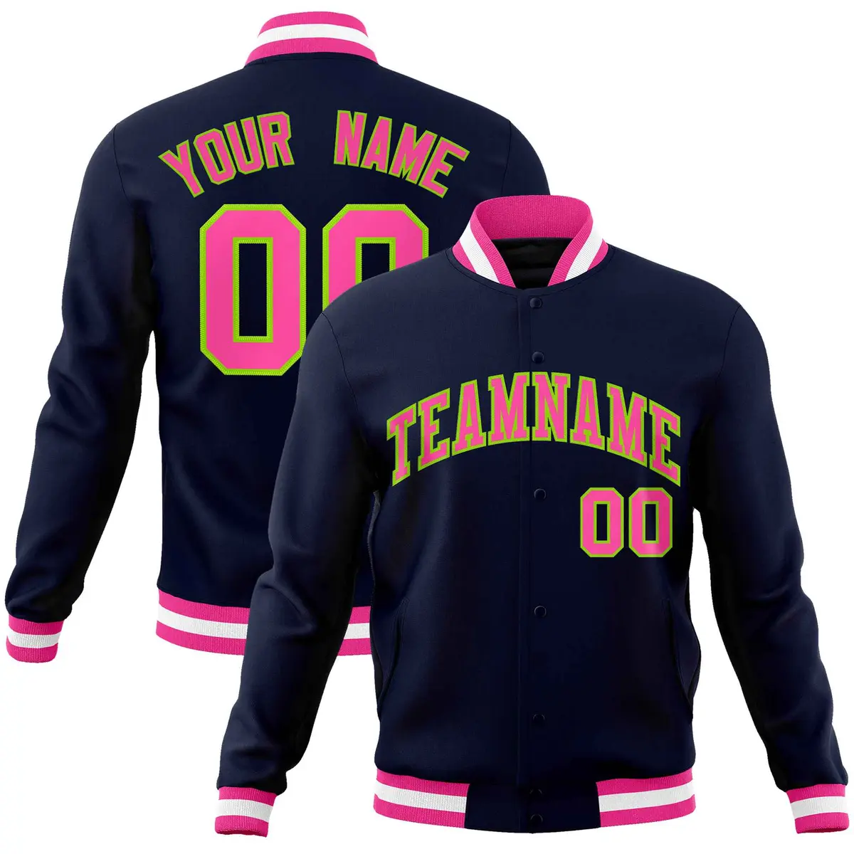 Navy Pink-Neon Green Varsity Full-Snap Letterman Jacket