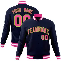 Navy Pink-Neon Green Varsity Full-Snap Letterman Jacket
