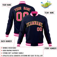 Navy Pink-Neon Green Varsity Full-Snap Letterman Jacket 4