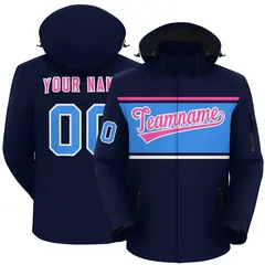 Navy Pink-Powder Blue Color Block Hooded Waterproof Jacket 1