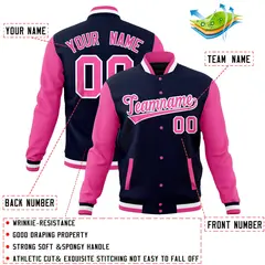 Navy Pink Raglan Sleeves Full-Snap Varsity Letterman Jacket 4