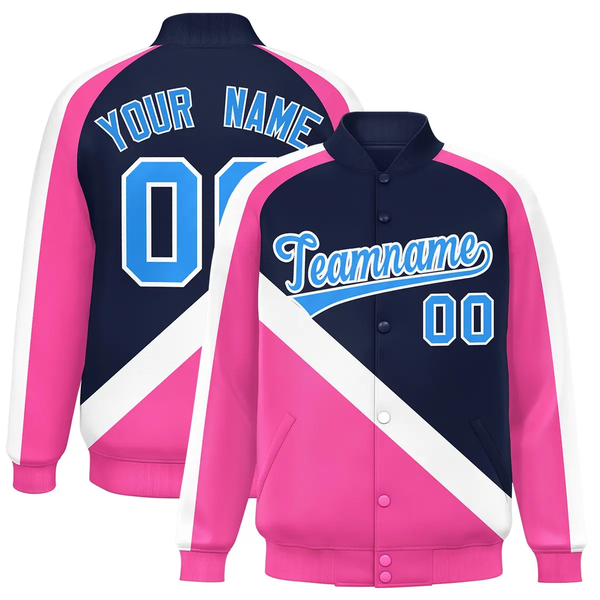 Navy Pink Raglan Varsity Full-Snap Letterman Baseball Jacket
