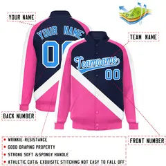 Navy Pink Raglan Varsity Full-Snap Letterman Baseball Jacket 2