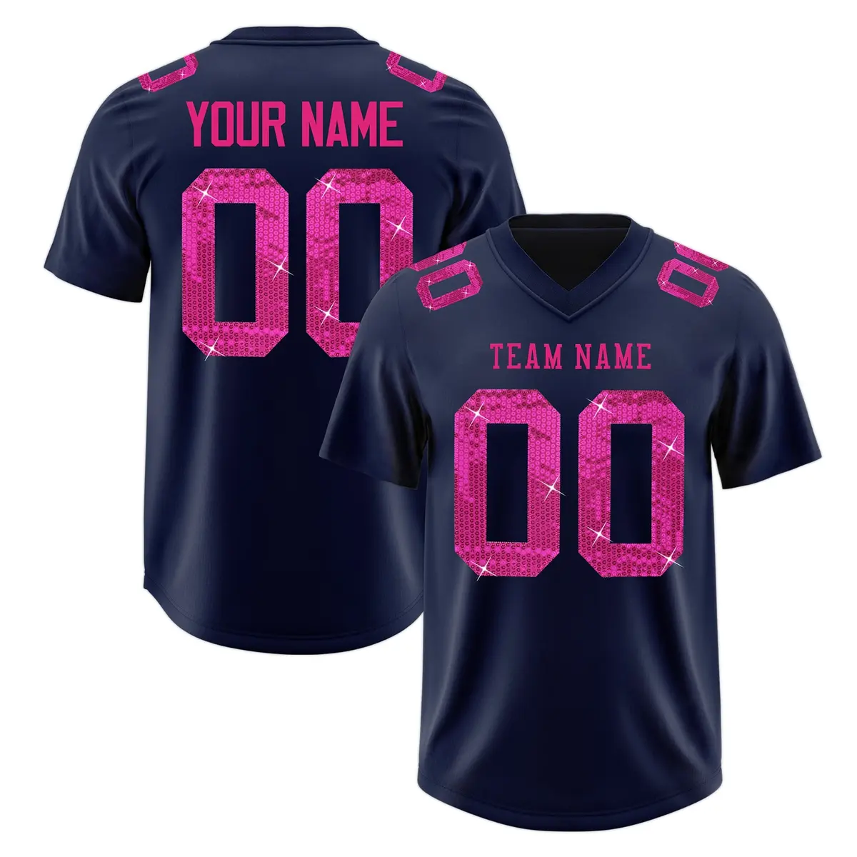 Navy Pink Sequin Lettering Football Jersey