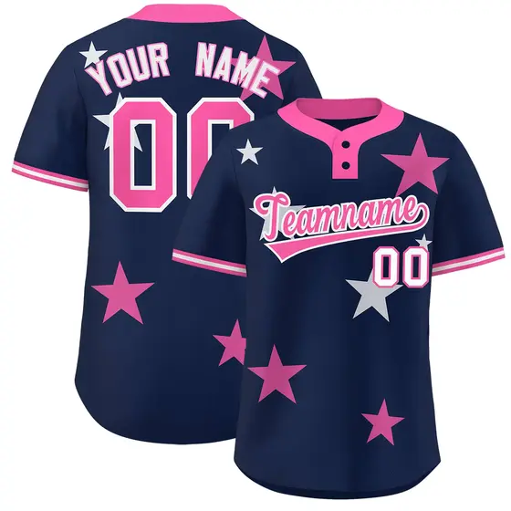 Navy Pink Star Graffiti Two-Button Baseball Jersey
