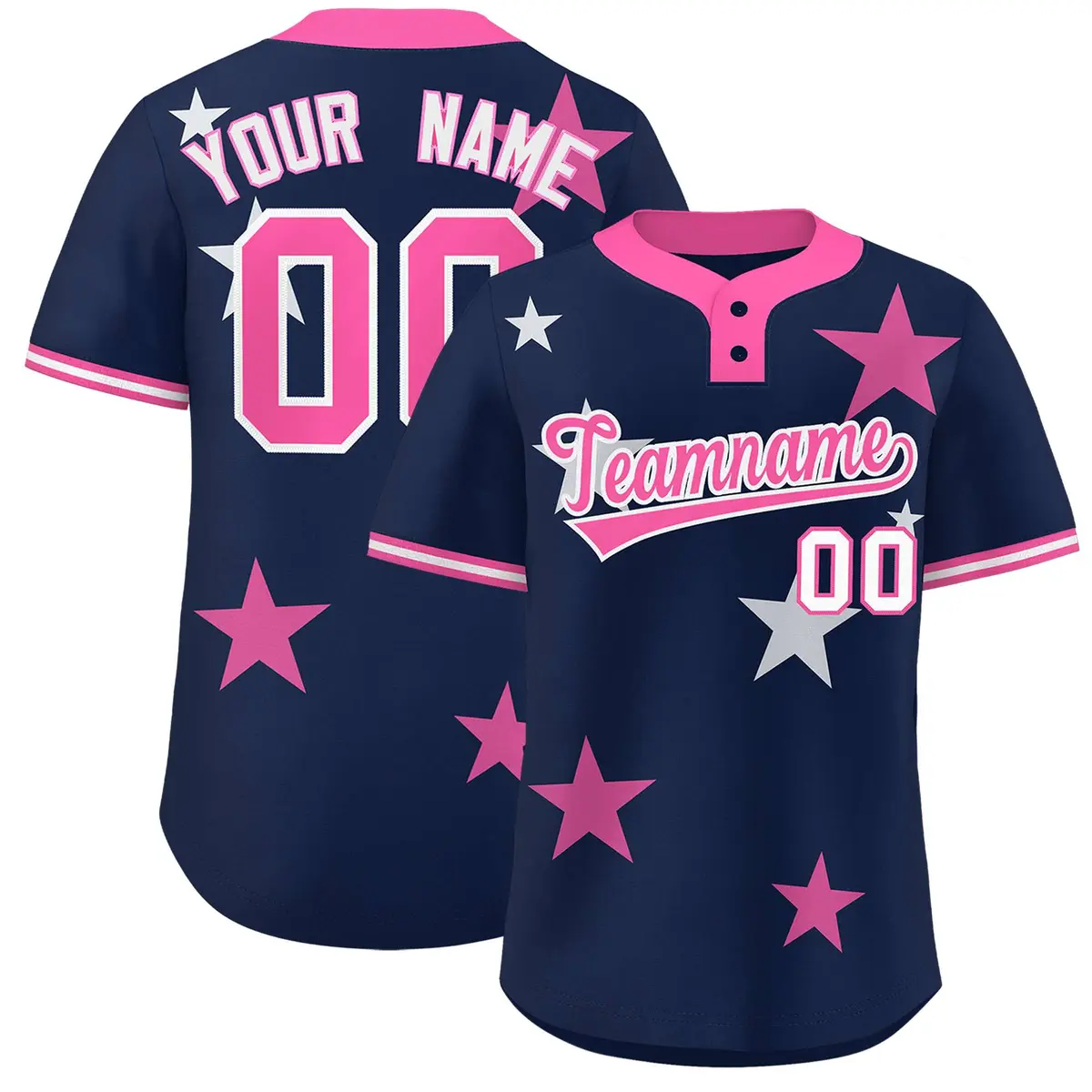 Navy Pink Star Graffiti Two-Button Baseball Jersey