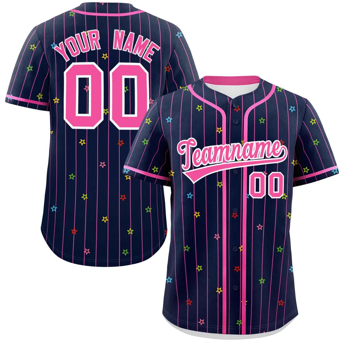 Navy Pink Stripe Star Pattern Authentic Baseball Jersey